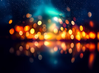 Wall Mural - blurred lights glow warmly against a dark, dreamy backdrop with a hint of celestial blue. reflection