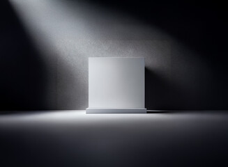 Aufkleber - Minimalist white square platform stands in a dark room, dramatically lit by a spotlight, casting strong shadows and emphasizing its simple form.