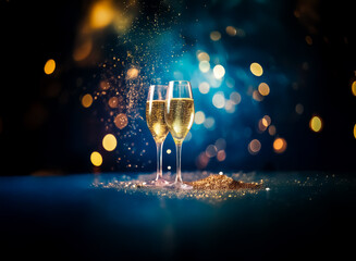 Poster - Two champagne flutes filled with bubbly golden liquid are set against a dark backdrop with sparkling golden bokeh lights, creating a celebratory mood.