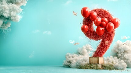 Poster - Surreal digital art depicting a floating red heart shaped balloon drifting through a dreamlike cloudy sky  The image has a whimsical imaginative and captivating a sense of wonder and emotion