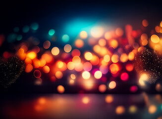 Wall Mural - blurred lights in orange, red, and blue create a festive bokeh effect on a dark backdrop. a reflecti