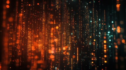 Poster - abstract digital rain background with glowing orange and blue particles
