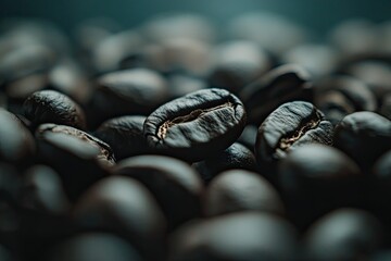 Wall Mural - Roasted coffee beans close-up, dark background, studio shot, food product