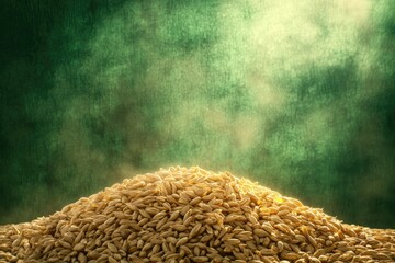 Wall Mural - A mound of golden barley grains rests against a moody green backdrop, suggesting harvest and abundance.