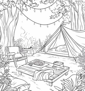 A coloring book page of a camping scene with tents, campfires, and natural elements. A tent is set up in the woods, surrounded by plants. In front, there is an open wooden table covered with blankets 