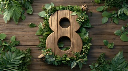 Poster - Wooden Number 8 Surrounded by Lush Green Leaves Branches and Floral Elements Arranged in a Creative Eco Friendly Decor on a Weathered Wooden Background  Nature Inspired Minimalist Design