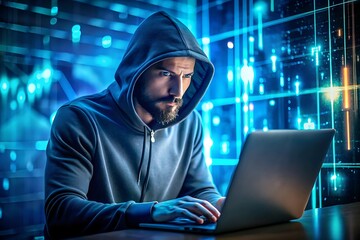 Hacker in a Hooded Sweatshirt Using a Laptop in a Futuristic Data Center Environment