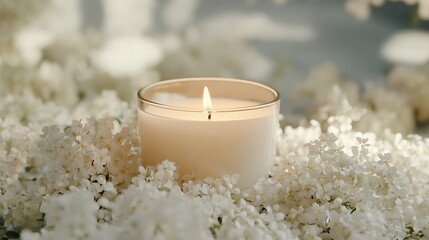 Canvas Print - Lit candle in glass jar surrounded by white flowers.