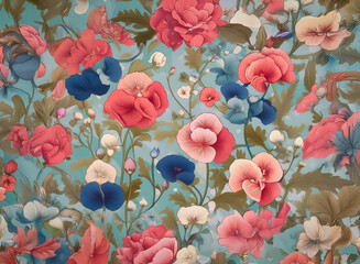 Wall Mural - a lively floral pattern features red, pink, and blue flowers with green leaves set against a turquoi