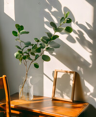 Fototapete - Minimalist glass picture frame with greenery indoor space nature shadows calm atmosphere