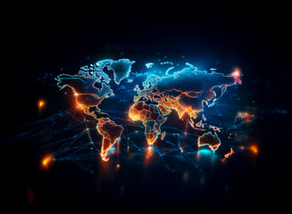Poster - glowing world map with blue and orange lights on a dark backdrop, showcasing a globally connected, d