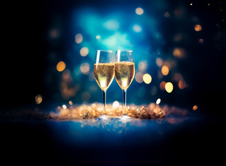 Wall Mural - two champagne glasses filled with sparkling beverage stand against a blurred backdrop of blue and go