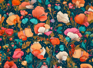 Wall Mural - vibrant floral pattern with stylized blooms in orange, pink, and white, contrasted against a dark te
