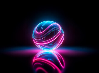 Wall Mural - A luminous sphere with swirling pink and blue neon lines is reflected on a dark, glossy surface. Abstract, vibrant, and futuristic design element.