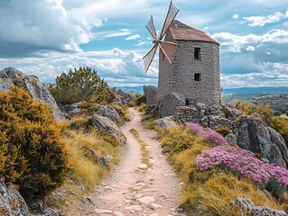 Wall Mural - Ancient windmill path on rocky hilltop