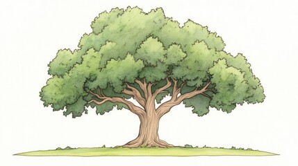 a beautifully illustrated large tree with lush green foliage and a sturdy trunk, set against a plain