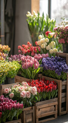 colorful flower bouquet display in wooden boxes