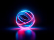 © joeycheung - Abstract glowing sphere formed by intertwined neon strands of blue and pink hues, creating a futuristic and vibrant illuminated element on a dark reflective surface.