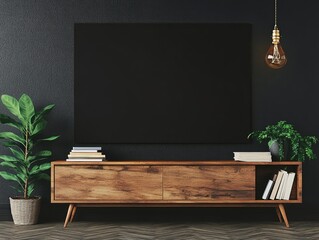 Wall Mural - Dark room mockup; blank canvas above wooden media console, plants; interior design