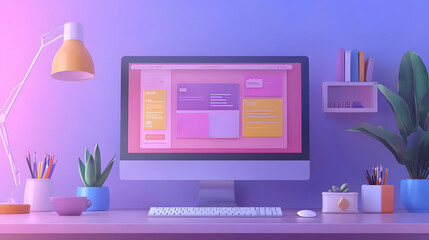 Aufkleber - Cozy and Productive Workspace with Modern Desk Setup and Digital Devices  Stylish home office or remote work station with computer monitor plant lamp and other accessories in a minimalist
