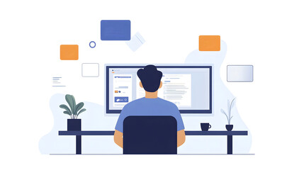 Poster - Focused professional working on computer monitor in modern office workspace with various digital tools and accessories  Concept of productivity efficiency and career in the digital age