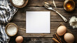 © VASSELL TRADING - rustic wooden tabletop with blank recipe card and baking ingredients
