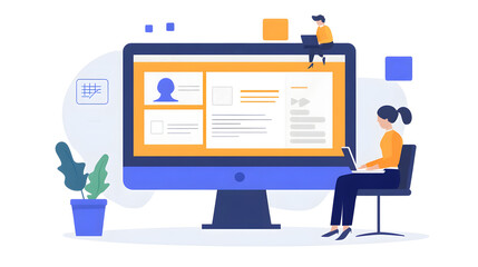 Fototapete - Modern and Minimalist Remote Workspace Setup with Desktop Computer Digital Device and Online Connectivity for Productive Work Research