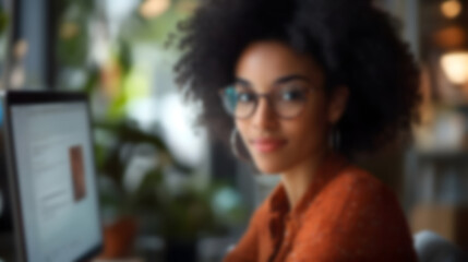 Aufkleber - Blur Portrait of a confident smiling young professional woman working at her desk with a computer in a modern technology driven office setting She exudes a positive