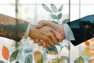 A close-up of two business professionals shaking hands firmly, with a modern corporate office in the background featuring glass walls and natural lighting. 