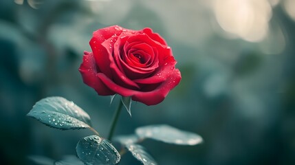 Poster - Radiant red rose in full bloom with delicate dew drops resting on the petals set against a soft dreamy garden backdrop with a blurred atmospheric Elegant serene and brimming with natural beauty