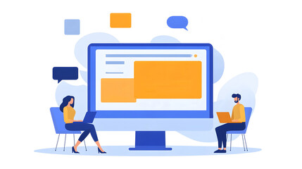 Fototapete - The image depicts a digital workspace concept  showcasing a business team collaborating and working together on a computer in an office setting  The scene highlights the modern