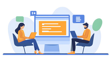 Aufkleber - Two coworkers sitting at a desk and discussing a digital project on a laptop computer  Concept of technology in a modern office environment