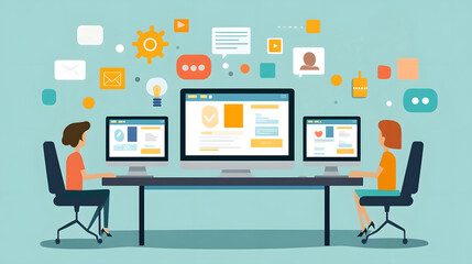 Fototapete - Two colleagues working together on multiple computer screens in a colorful technology rich office environment collaborating on business strategies data analytics and digital solutions