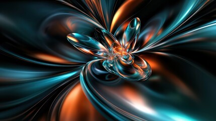 Abstract swirling teal orange flower design, dark background, digital art, website banner