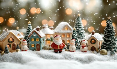 Wall Mural - Christmas ceramic houses with snowmen and Santa Claus on a snowy white background, featuring golden and green festive decorations in a soft-focus winter wonderland.