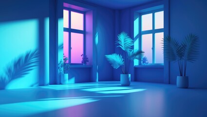 Poster - Abstract Blue Gradient Background Featuring Window Shadows and Decorative Plants for Product Display with Ample Copy Space