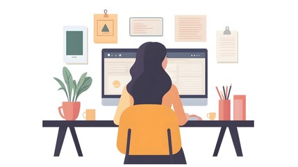 Fototapete - Young woman sitting at her minimalist desk in a modern and productive home workspace using a laptop computer and various office supplies and decor elements to focus on her work or studies