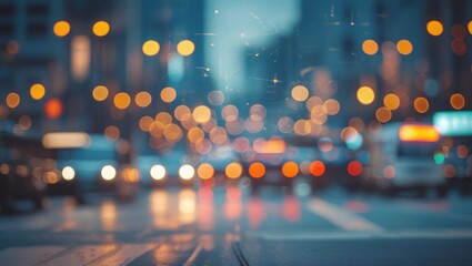 Poster - Urban bokeh lights and blurred traffic scene in a vintage style capturing the essence of a bustling city at twilight.