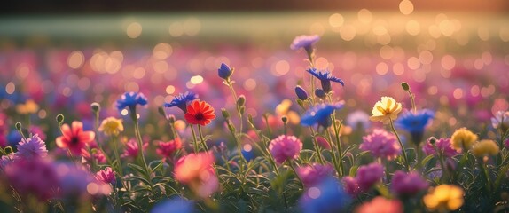 Wall Mural - colorful blooming flowers in a field with a dreamy bokeh effect at sunset creating a serene and vibr