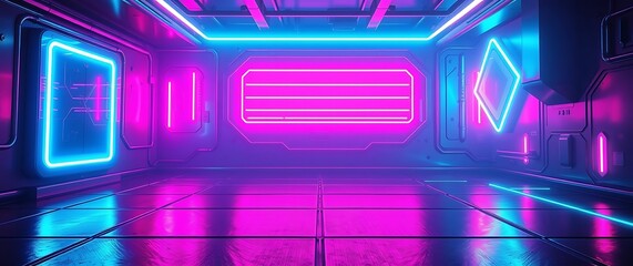 A futuristic and cyberpunk-inspired background featuring neon lights, chrome surfaces, and geometric shapes in vibrant electric blues, pinks, and greens, rendered in a digital .