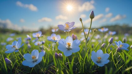 Wall Mural - delicate blue flowers blooming in sunlit garden with lush green grass and clear sky in a picturesque