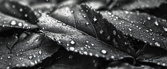 Canvas Print - Close-up of textured leaves with water droplets in black and white showcasing nature's beauty and tranquility after rainfall.