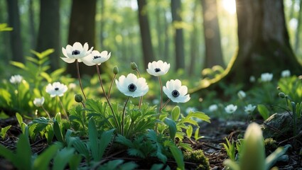 Poster - Springtime Forest Scene with Wood Anemones in Bloom, Capturing Natural Beauty and Tranquility Amongst Lush Greenery and Gentle Light.