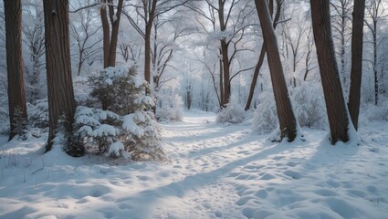 Sticker - Snow-covered forest path with tall trees creating a serene winter landscape and soft sunlight filtering through the snowy branches.