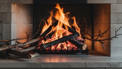 Wall Mural - Cozy Fireplace with Burning Logs and Branches Creating a Warm Ambiance in a Modern Living Space