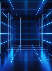 Wall Mural - Abstract blue neon grid in dark room.