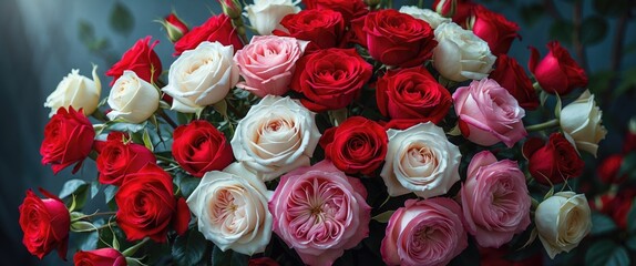 Canvas Print - Vibrant bouquet of red, white, and pink roses arranged beautifully against a soft background perfect for celebrations and floral themes.