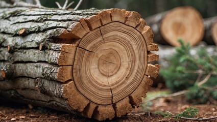 Poster - Cross-section of a cut tree trunk displaying annual growth rings with natural bark and forest backdrop showcasing organic textures.