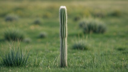 Poster - Elegant Tall Cactus Standing Alone Amidst Lush Green Grass in a Tranquil Landscape