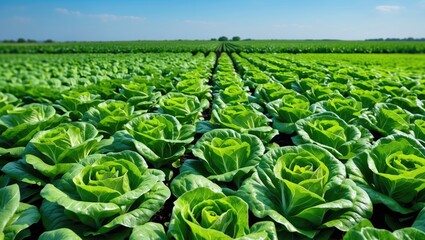 Wall Mural - Lush Green Lettuce Field Under Blue Sky With Rows Of Fresh Vegetables And Space For Adding Text Or Marketing Content